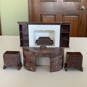 Miniature Vintage Fireplace, Desk & Side Tables, A Plasco Toy